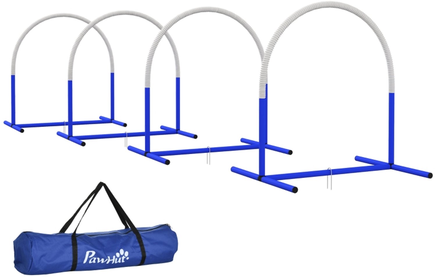 Hondentraining Set, 88cm x 64cm x 95cm, Blauw Wit, met 4 Bogen en Draagtas, Voor Beginners Agility Honden Trainingsset Buiten Tuin Park Parcours Opvoeding Beweging Actief Spel Hondenaccessoires Hondenbench Bench Training Speelgoed