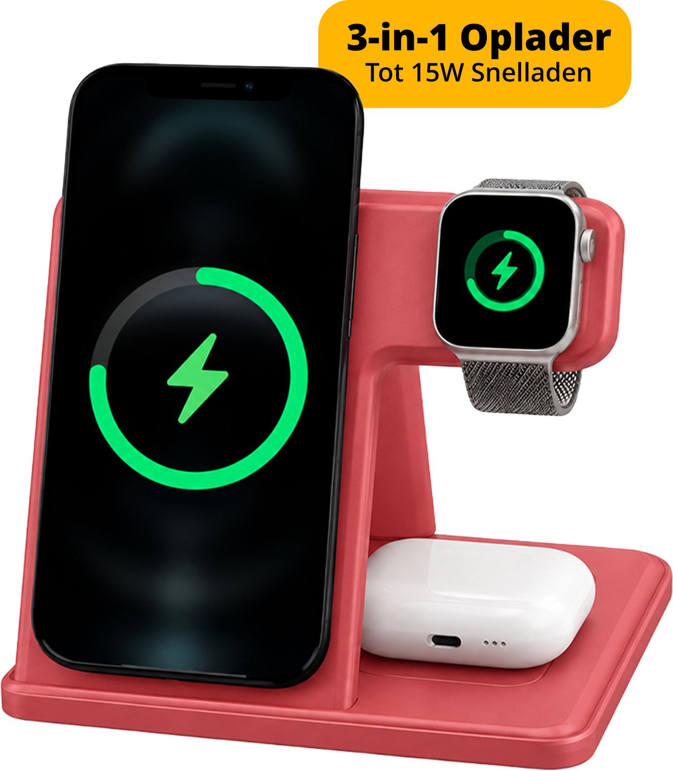 Garzini 3 in 1 Draadloze Oplader - Opvouwbaar Laadstation - Geschikt voor iPhone 12 13 14 15 16 17 18, Apple Watch, Earpods - Smartphone, Smartwatch en Oordopjes - 15W Snellader - Qi Wireless Charger - Oplaadstation - Bordeaux