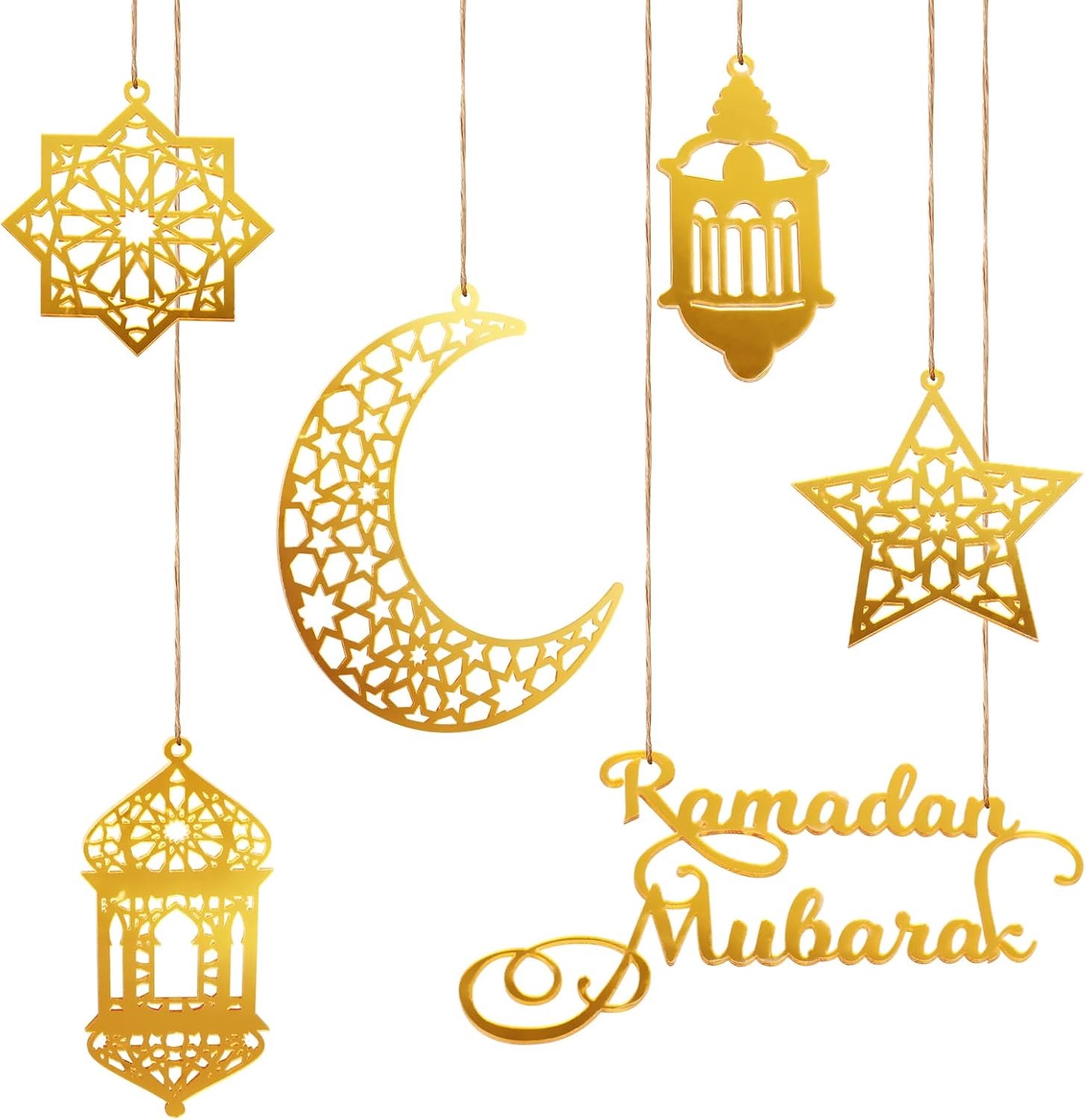 Famanu – 6st Ramadan Decoraties - Acryl Kareem Eid Mubarak Windlicht Maan Stervormig Decor voor Hangend Aan Muren Ramen Bomen Goud