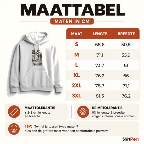 Maattabel voor Fourth Wing-hoodie met lengte- en breedtematen in centimeters voor maten S tot 3XL.