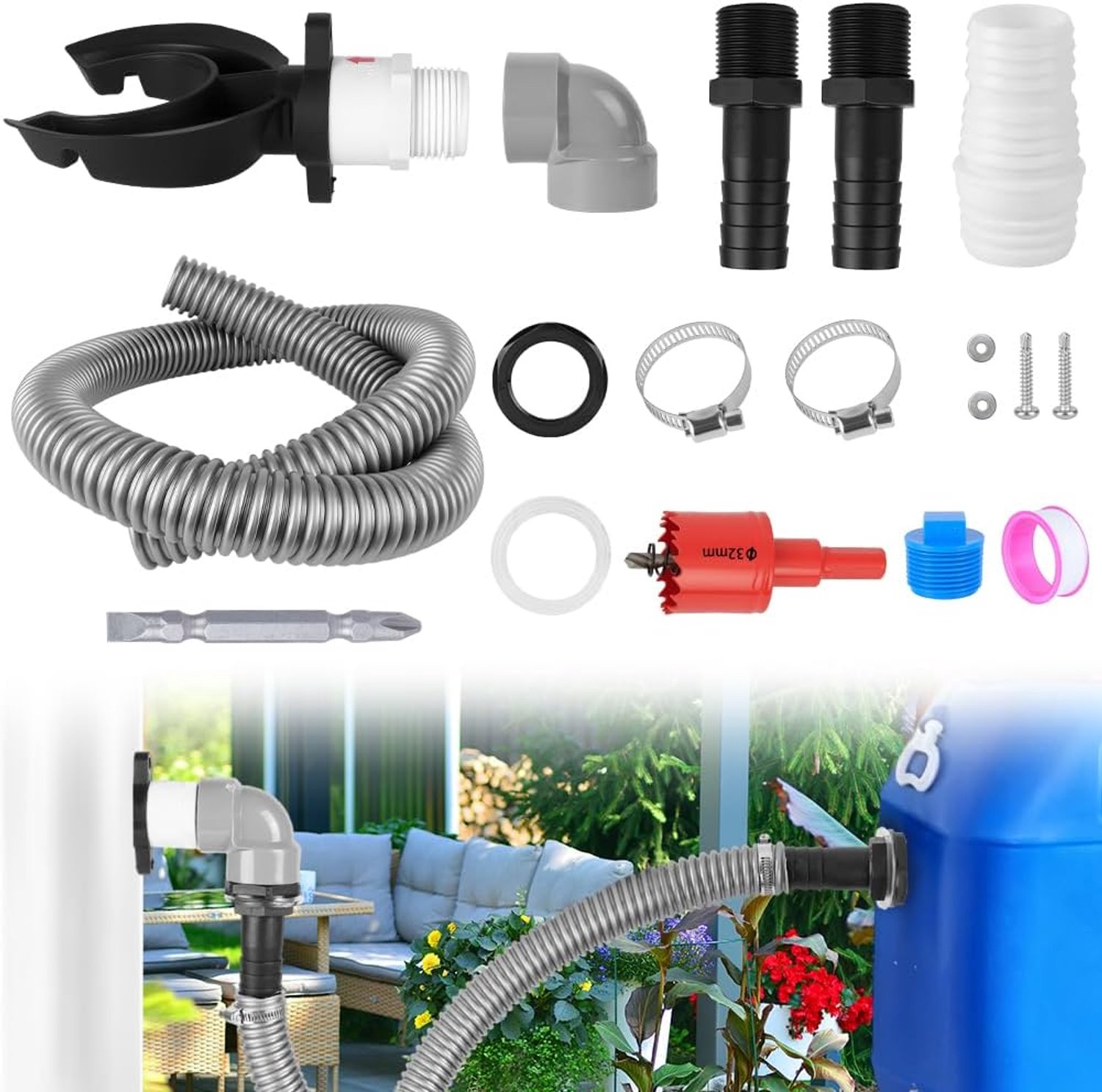 Famanu - Regenwaterverzamelaar voor afvoerpijpen 70-110 mm - Bespaar water en gebruik het efficiënt - Kunststof groen 1 stuk