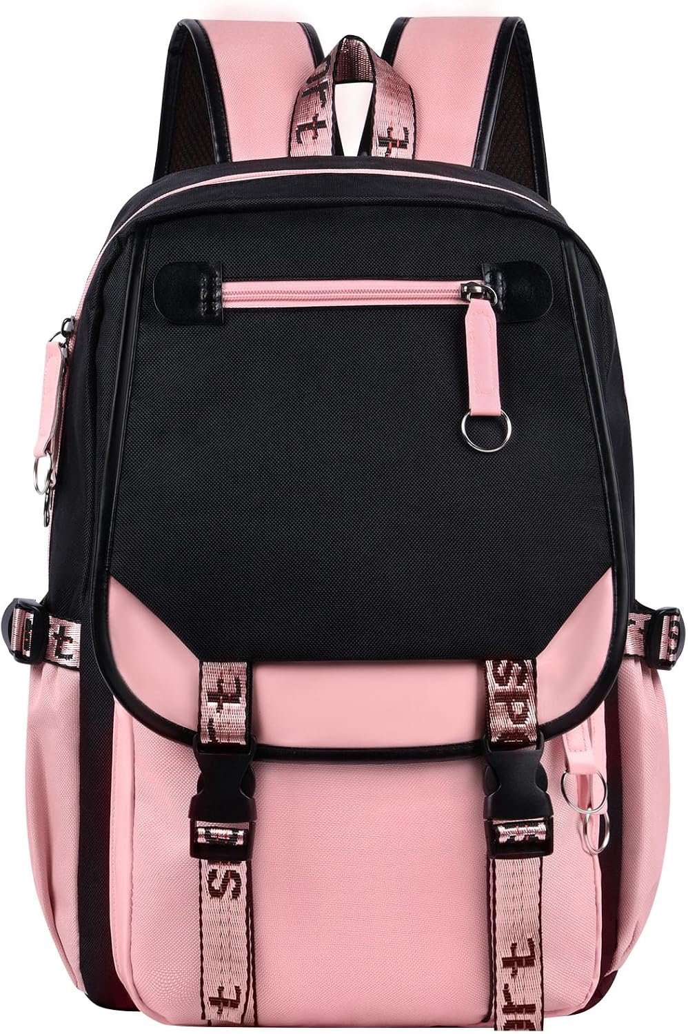 Schoolrugzak voor meisjes - Kinderrugzak met veel vakken - Boekentas voor dagelijks gebruik - Rugtas met laptopvak - Verstelbare gevoerde schouderbanden - Polyester met dubbele ritssluiting - Zwart/roze - 46 x 29 x 16 cm