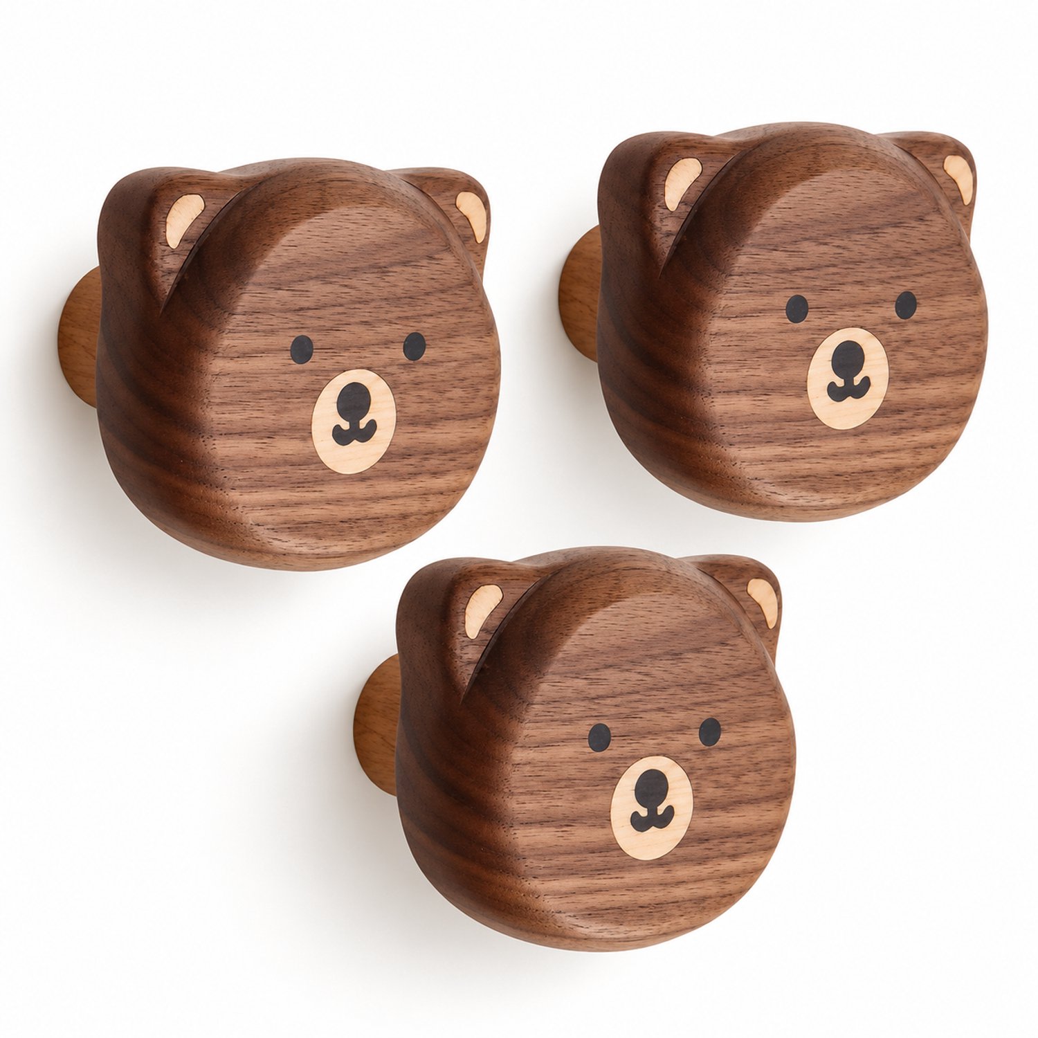 Vavida Wandhaakjes - Hout - Kinderkamer - 3 Stuks - Beer - Beertjes - Walnoot