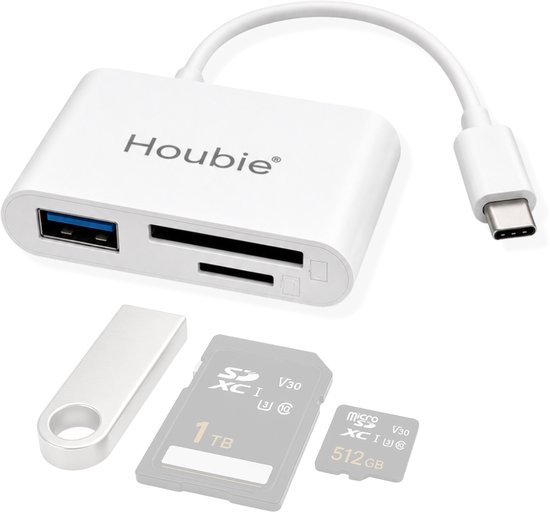 Witte Houbie USB-C kaartlezer met SD-kaart, micro-SD-kaart en USB-stick.
