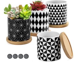 Set van 4 Keramische Succulenten Potjes, 7cm, Geometrisch met Bamboe Schotel