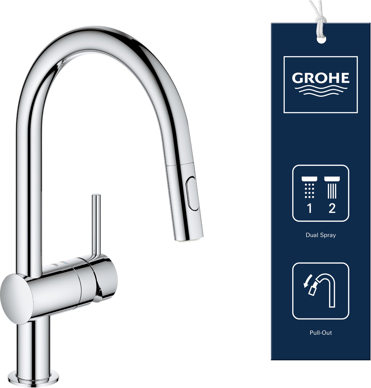 GROHE Minta Keukenkraan - Hoge uitloop - 360° Draaibereik - Met Uittrekbare Handdouche en 2 Straalsoorten - Chroom