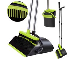TTD Stoffer en blik met lange steel - Veger en blik - Verstelbaar 54-263 cm - Met schoonmaaktanden - Voor binnen en buiten - Groen/zwart