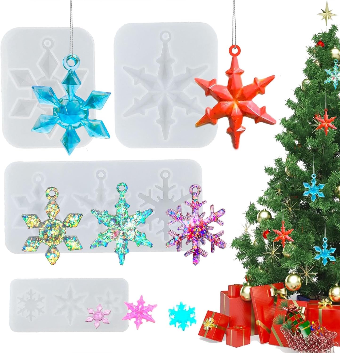 Set van 4 Kerst Snowflake Siliconen Mallen voor Epoxy Hangers en Decoraties voor de Kerstboom en Versiering