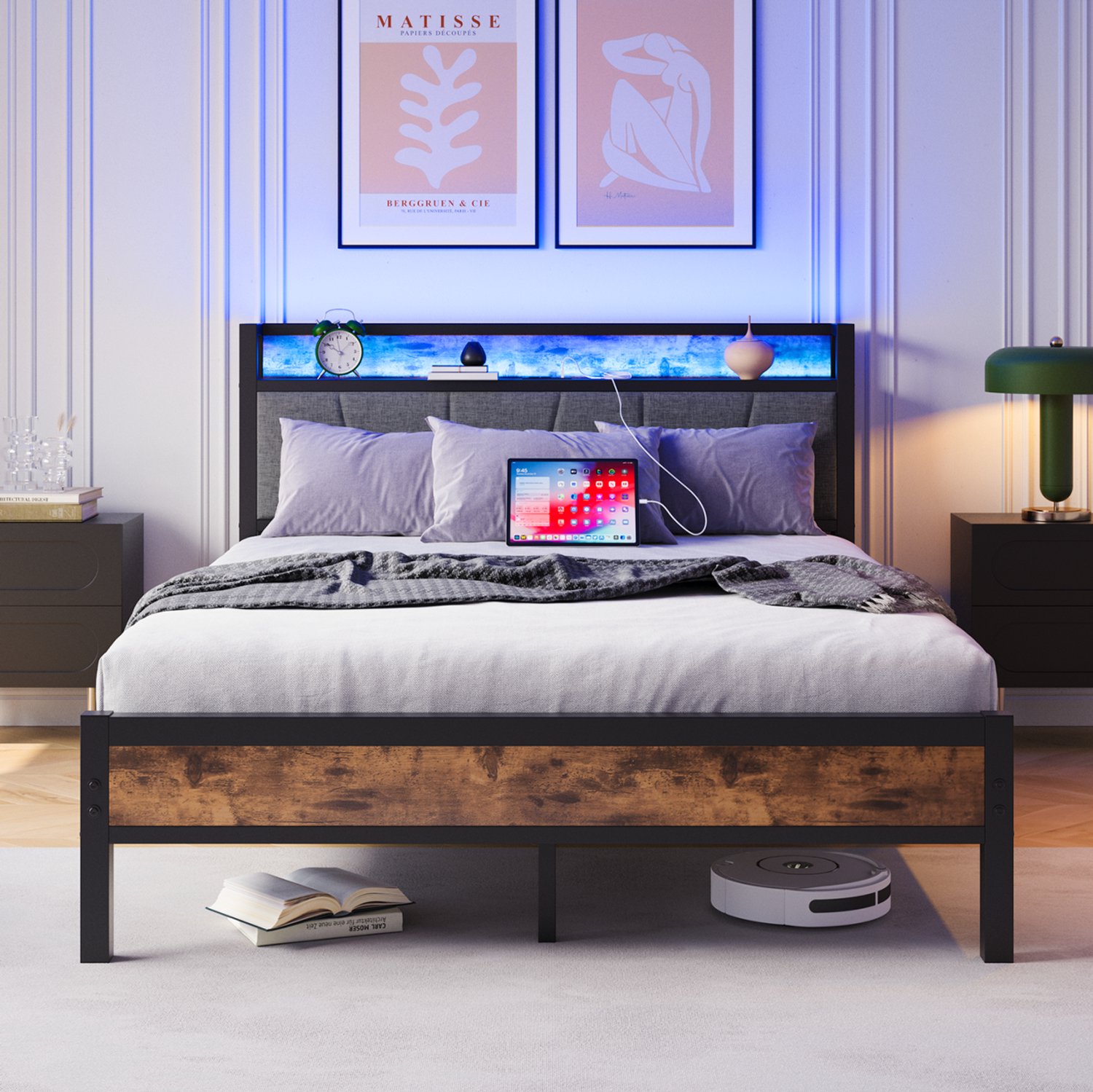 CHICFURN Bedframe 140 x 200 cm - LED-verlichting - USB-oplaadstation - antiekbruin