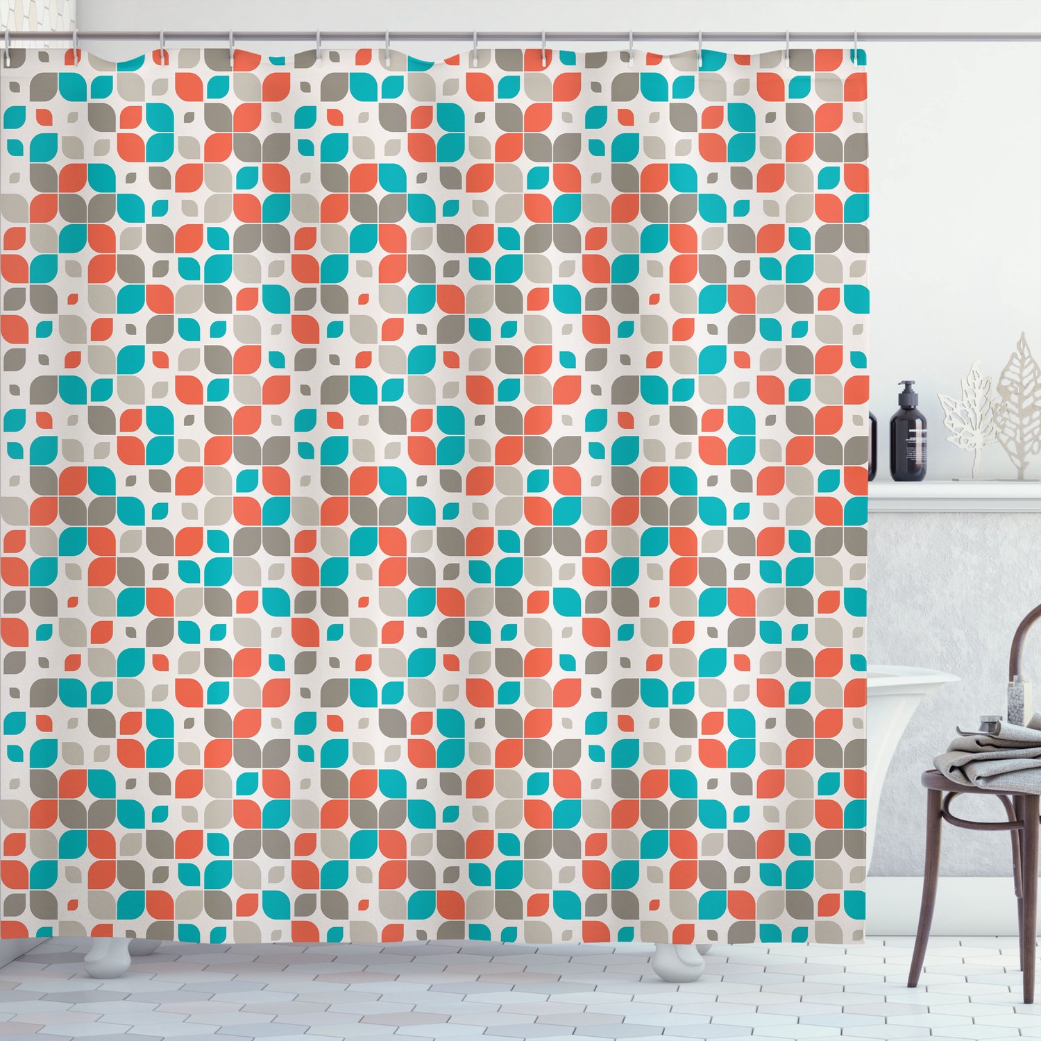 ABAKUHAUS Retro Douchegordijn, Klassiek Abstract Mozaïekraster met Bloemenpatroon, Stoffen Badkamerdecoratieset met Haken, 175 B x 200 L, Grijs Turkoois Rood