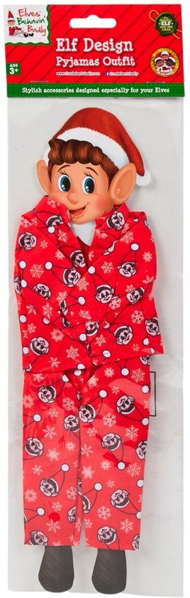 Verpakking met Elves Behavin' Badly elfenpop in rode pyjama met elfen- en sneeuwvlokpatroon en kerstmuts.