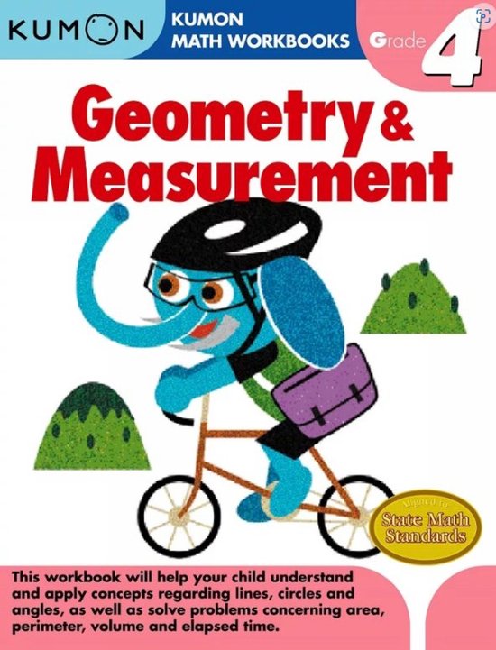 Kumon groep 4 wiskundewerkboek: Meetkunde en Meting met een blauwe olifant op een fiets.