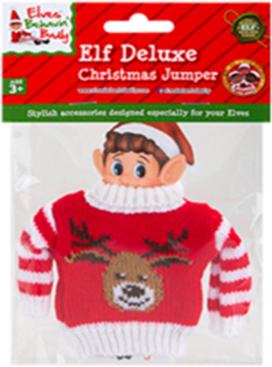 Kersttrui voor een elf, rood met witte strepen en een rendiergezicht erop.