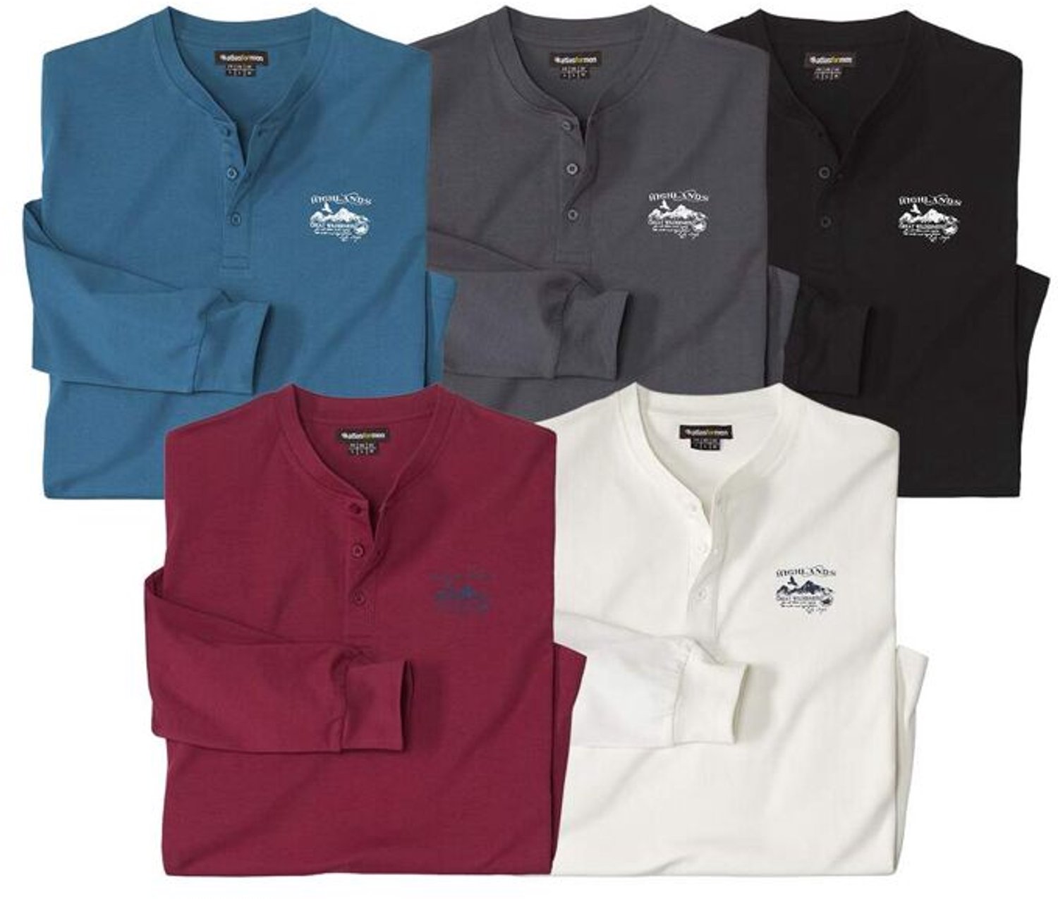 ATLAS FOR MEN - Set van 5 T-shirts met lange mouwen en henleykraag - Heren - Verkrijgbaar in grote maten - XL