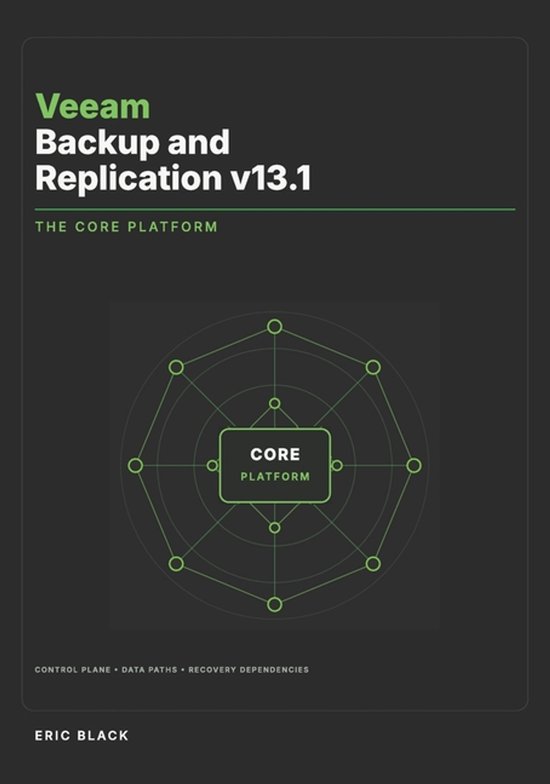 Boekomslag Veeam Backup and Replication v13.1 met een groen netwerkdiagram van een kernplatform op een donkere achtergrond.