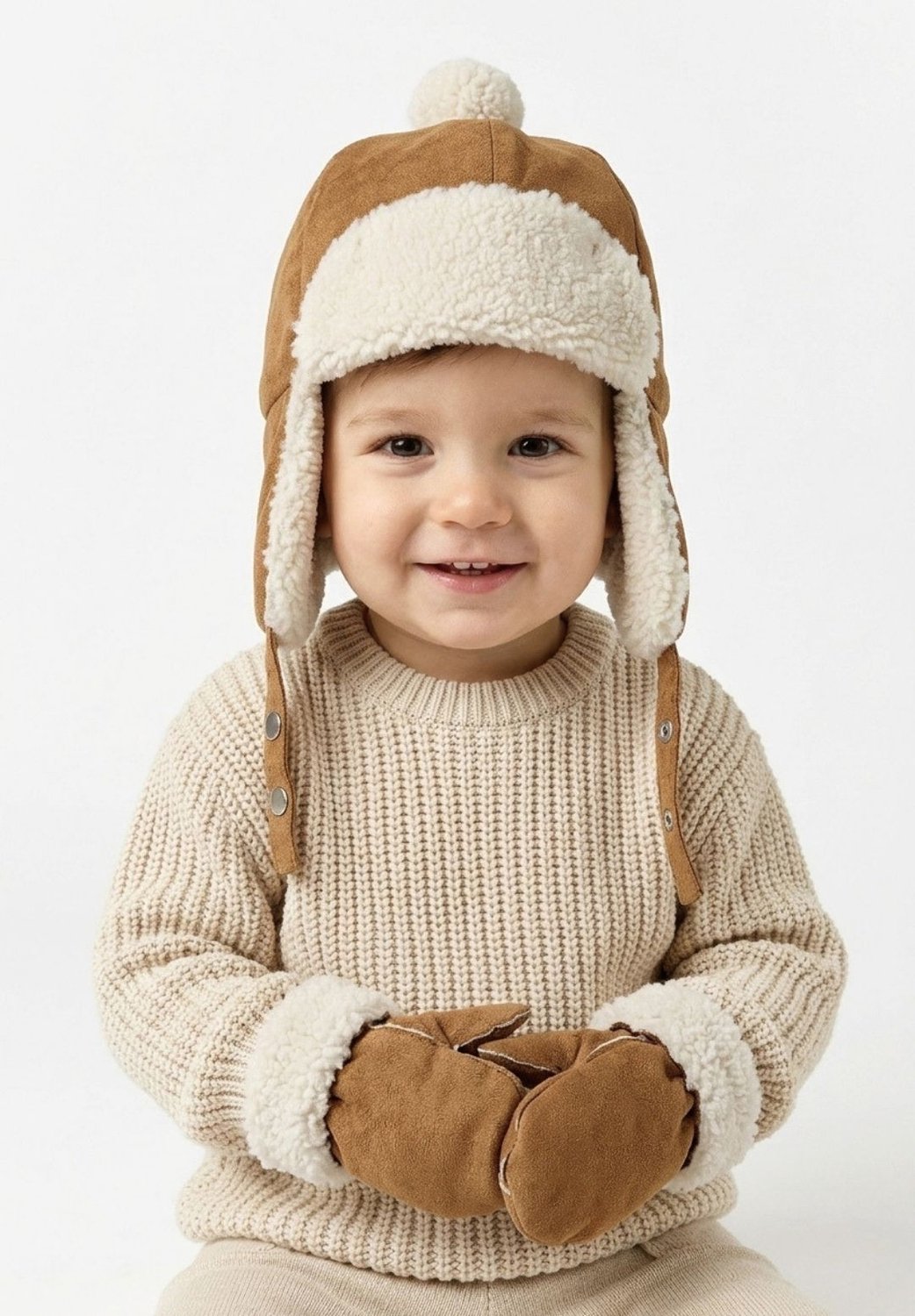 Minoti baby muts – met oorflappen – set met wanten – camel en crème