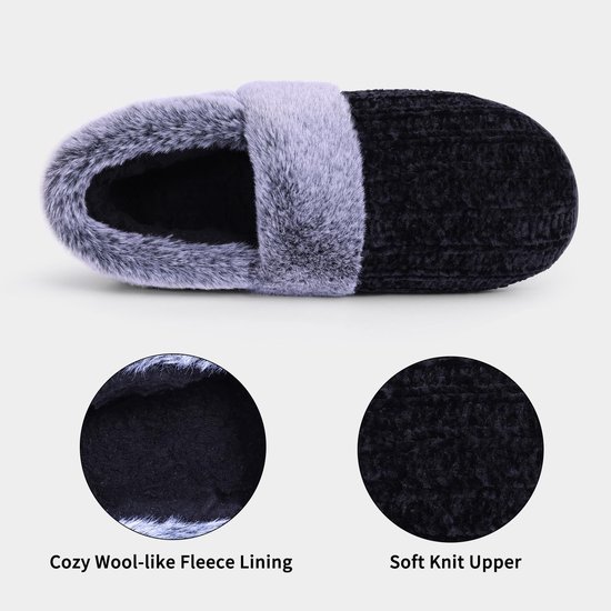 Zwarte gebreide pantoffel met grijze pluche voering, inclusief details van de voering en het gebreide bovenwerk.