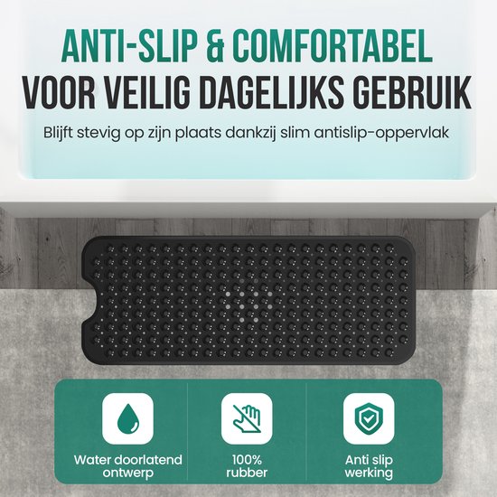 Zwarte antislip badmat met zuignappen en de tekst "ANTI-SLIP & COMFORTABEL VOOR VEILIG DAGELIJKS GEBRUIK".