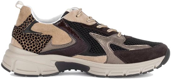 Zijaanzicht van een Gabor dames sneaker in bruin, beige, zwart en goud. Luipaardprint op de hak.