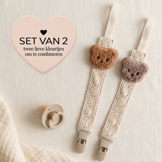 Set van 2 beige kanten speenkoorden met bruine en taupekleurige teddybeertjes en een bijpassende speen.