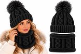 Set 2-Delig Dames Muts met Fleece Voering + Colsjaal – Zwart Velvet – Warme Winterset voor Vrouwen