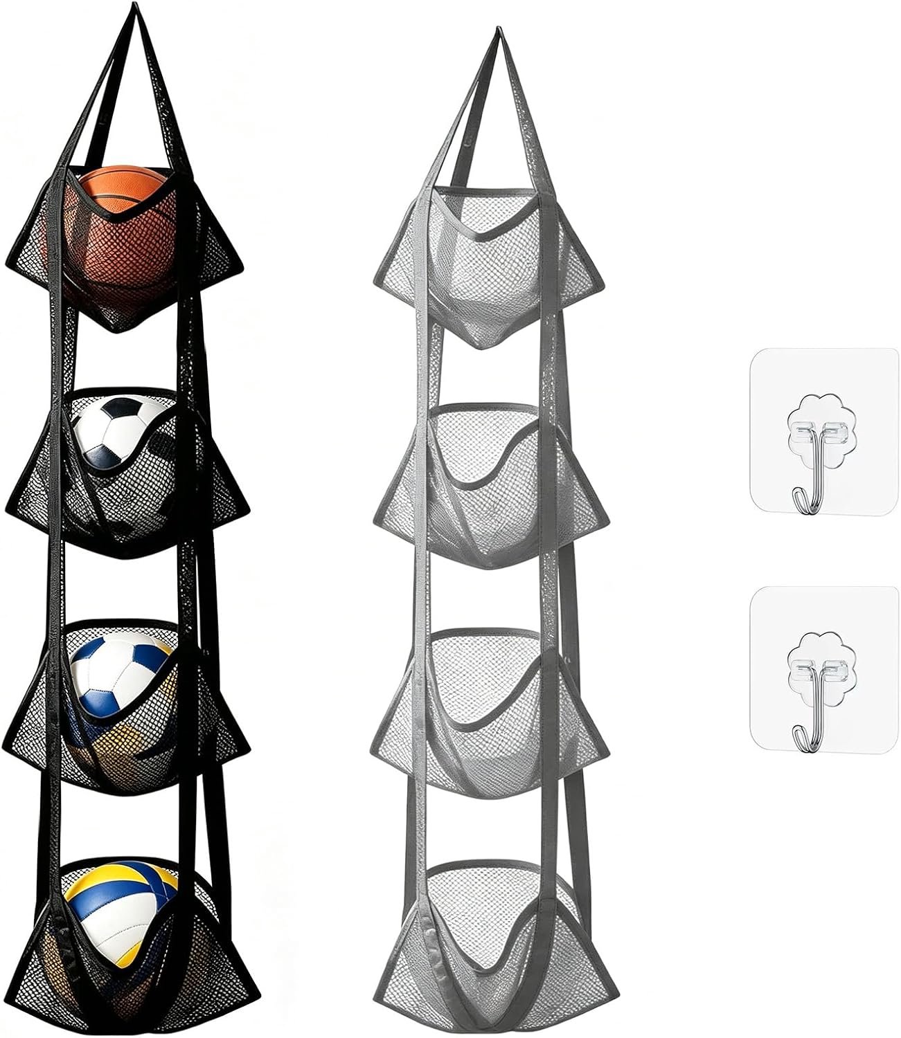Balhouder voor aan muur - Hangnet voor sportballen opbergen - Verticale ballenopslag met vakken - Organizer voor voetbal basketbal - Ademend nylon mesh materiaal - Met haken voor ophangen - Zwart - Set van 2 netten