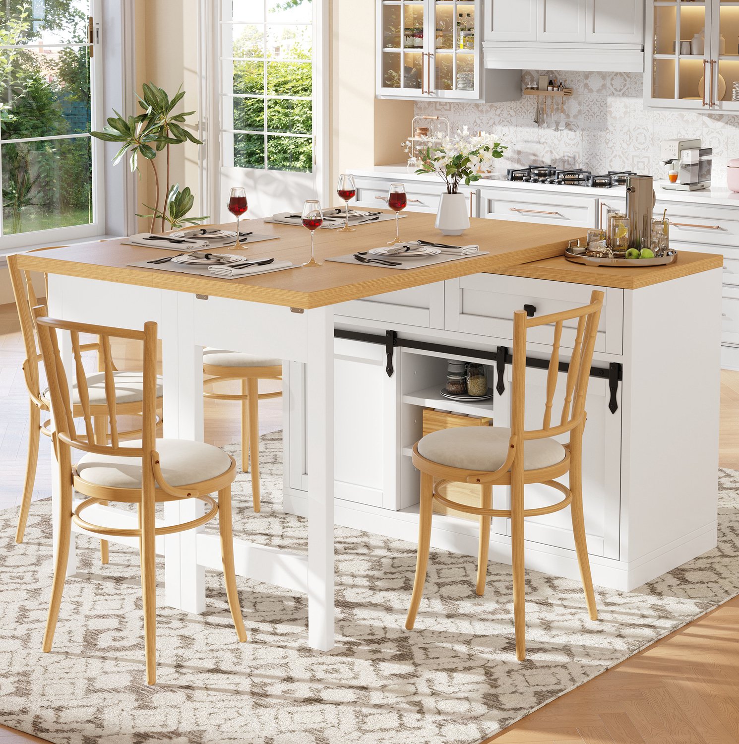 WUVRIE Uitschuifbare eettafel 120-197 cm - 360° draaibaar met opbergkast en 2 lades - Wit