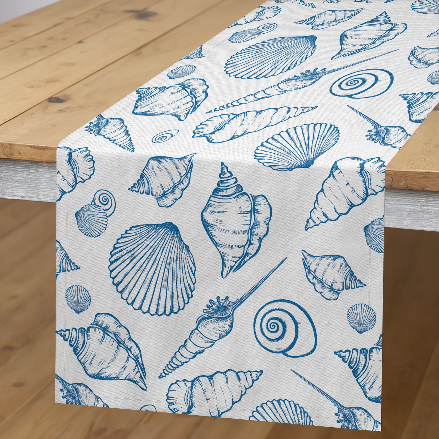 ABAKUHAUS Blauw-Witte Tafelloper, Onderwaterconcept met Schelpen in Handgetekende Stijl Maritieme Kust, Rechthoekige Tafelloper voor Eetkamer en Keuken, 40 x 180 cm, Blauw en Wit