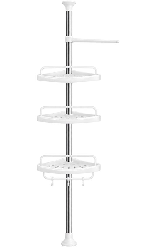 Telescopisch doucherek met een metalen stang en drie witte hoekplanken, inclusief haken en handdoekrek.