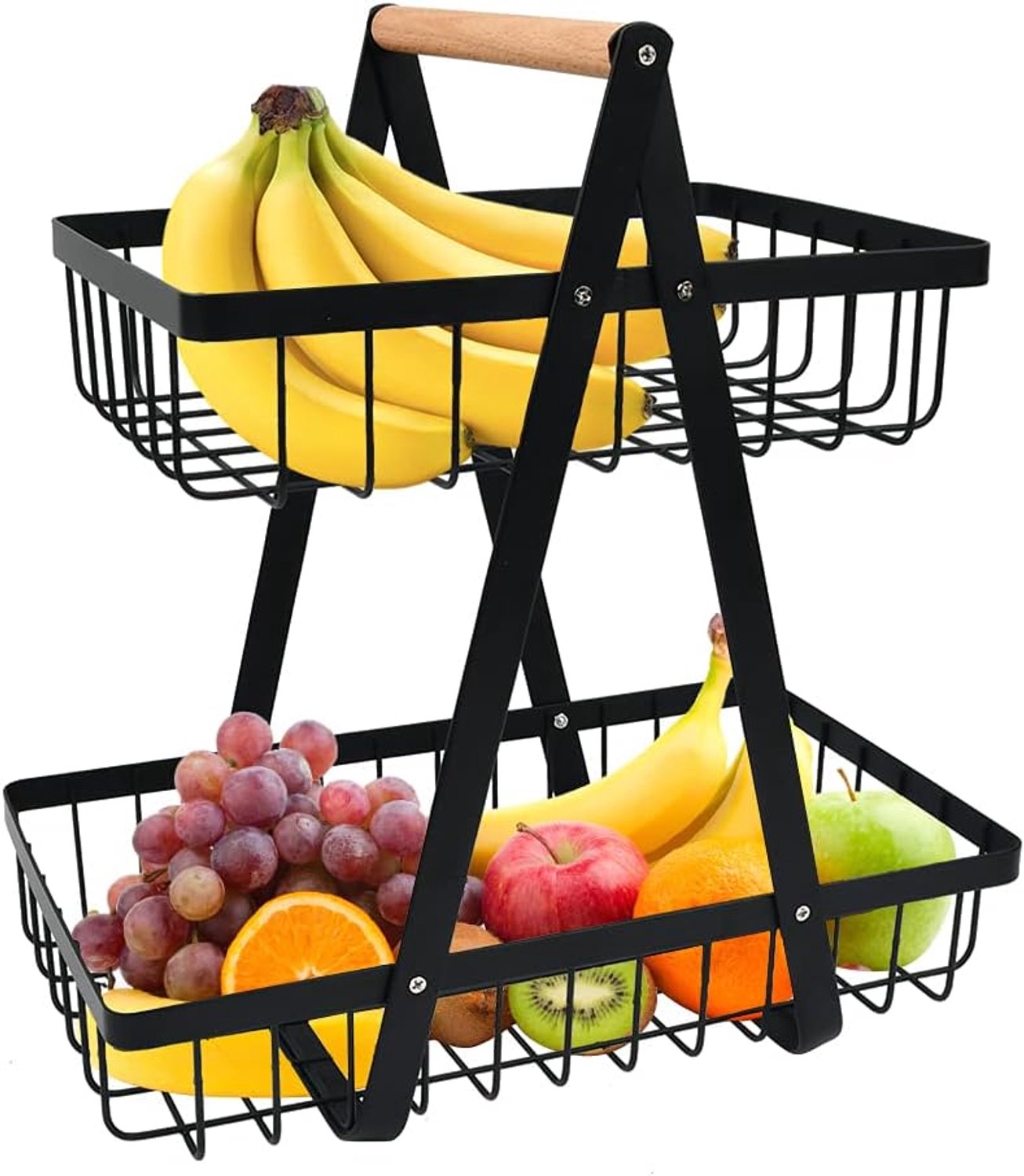Fruitmand met twee etages - Fruitschaal voor keukenblad - Metalen manden voor groente - Staand opbergrek voor snacks - Afneembare niveaus met draaggreep - Roestvrij staal met hout - Zwart - Twee verdiepingen - 27 x 27 x 43 cm