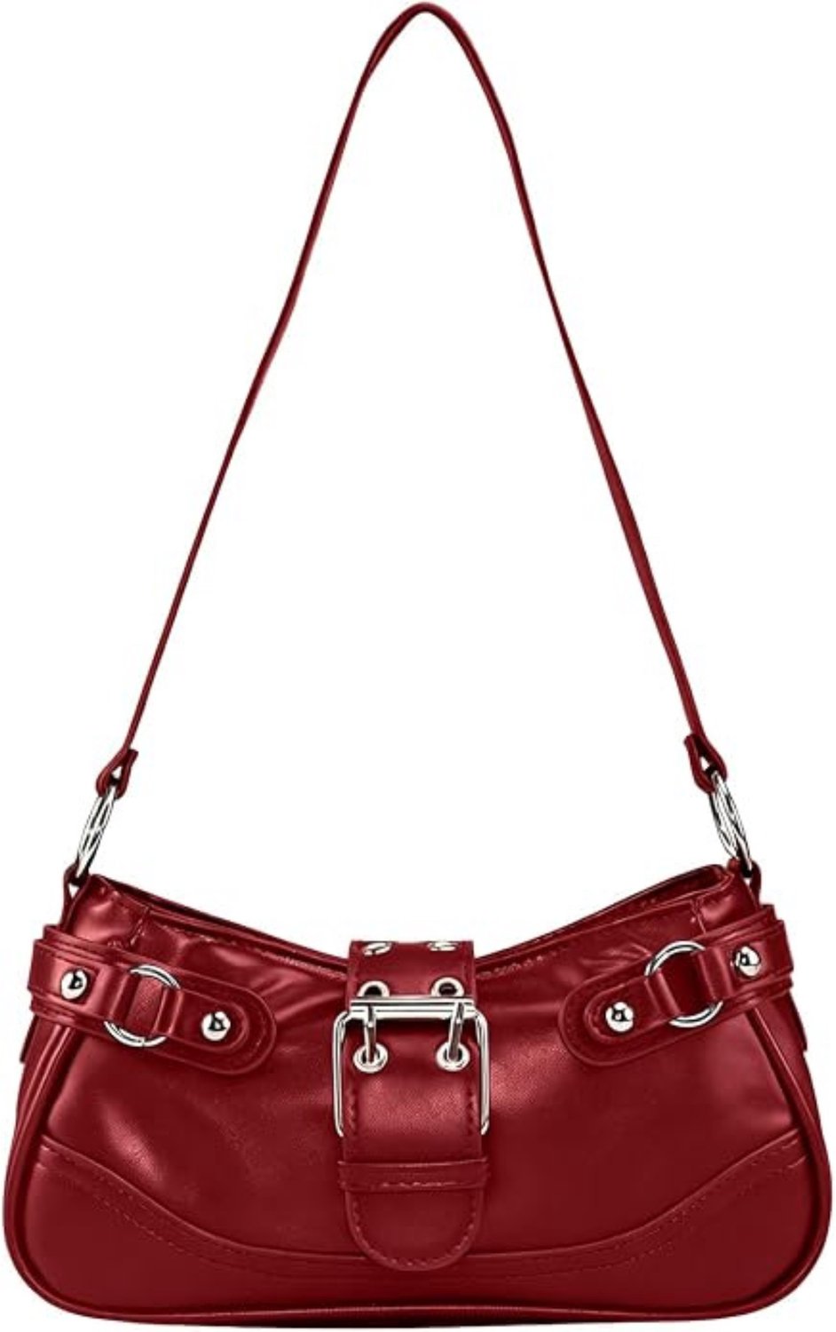 Handtas dames - Kleine schoudertas - Okseltas met rits - Tas voor dagelijks gebruik - Y2K model - Met metalen gespen - PU leer - Voor feest en shoppen - Met schouderband - Rood - 25,5x12x7,5 cm