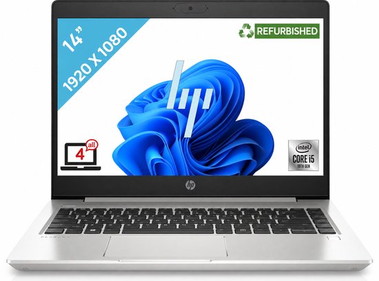 Zilveren HP ProBook-laptop met 14-inch scherm, Intel Core i5-processor en Windows 10, gereviseerd.