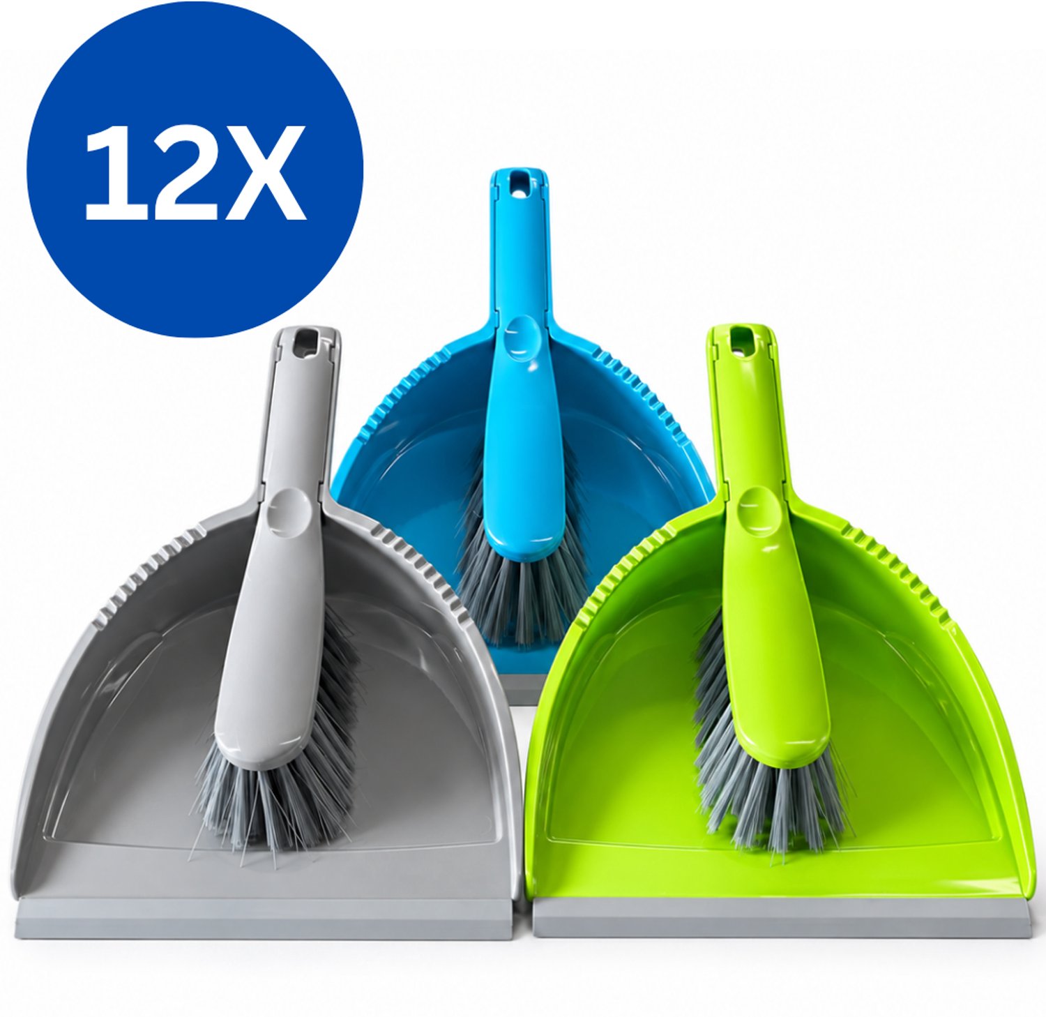 HL – Stoffer en Blik – 12 Complete Sets – Blauw, Groen en Grijs – Handveger met Stofblik – Ophangbaar