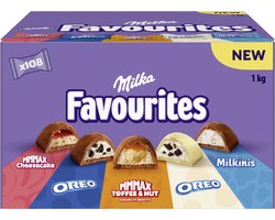 Milka Favourites Chocolade Pralines Mix Vaderdagcadeau - 5 smaken - Cheesecake, Oreo melk/wit, Toffee & Nut, Milkini - 108 Chocolaatjes - 1KG - Kantoor en Uitdeel bij Koffie - Voorraad - Verjaardag Cadeau Vrouw of Man - Bonbons en Pralinés
