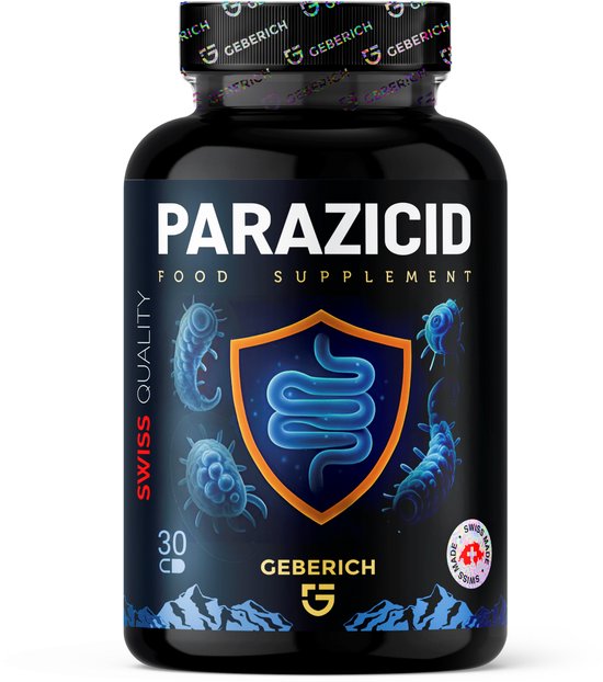 Zwarte pot Parazicid voedingssupplement met logo van een darm en microben, Swiss Quality.