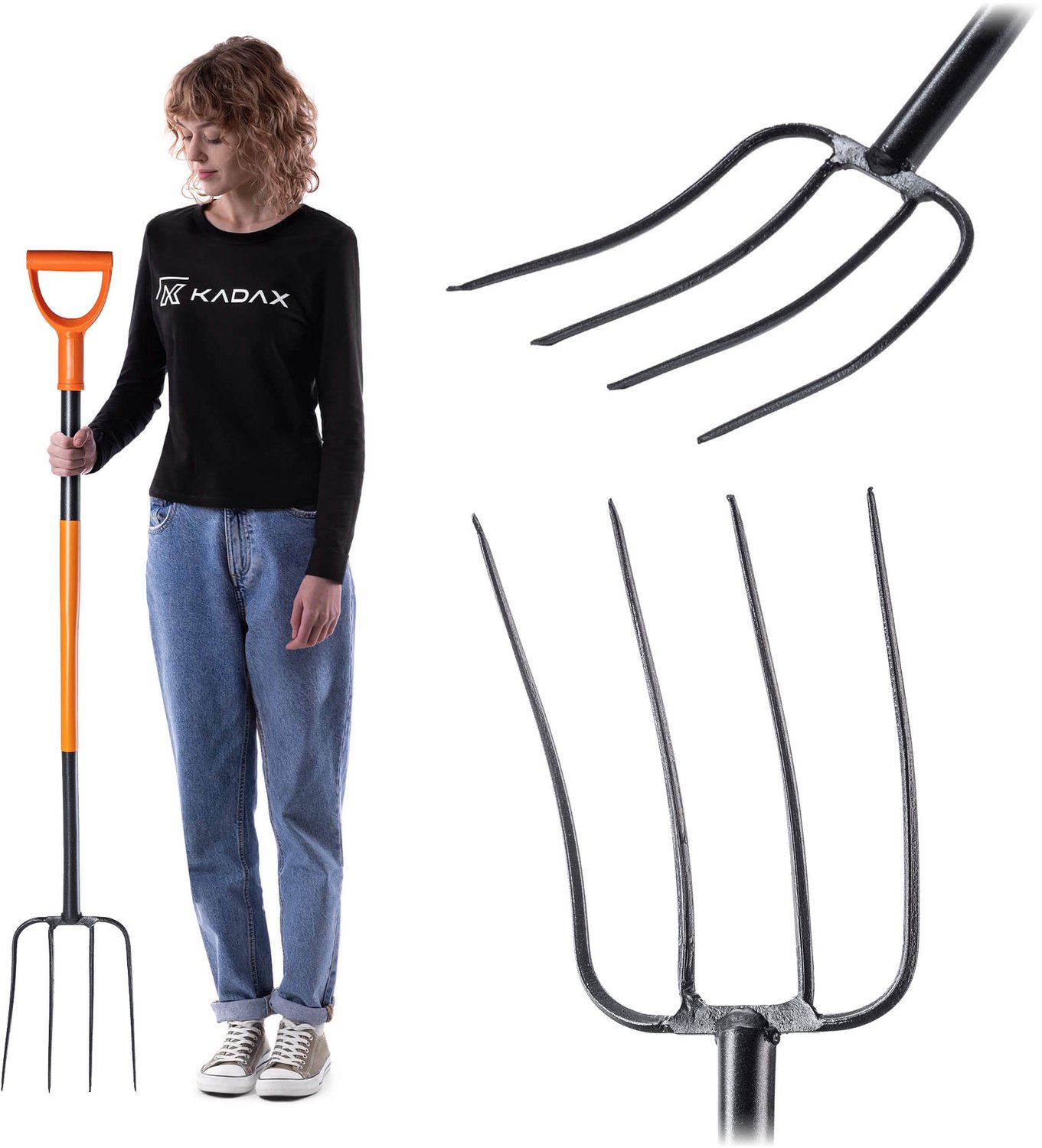 KADAX Spatvork van staal, 132 cm lange vork, hooivork, grafvork om te graven, ergonomische tuinvork, mestvork, vork met D-greep, tuinvork (4 tanden, zwart/oranje)