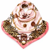 Roze satijnen bandana voor dames – vierkante glanzende bandana met kettingprint en roze rand – lichte modieuze hoofddoek voor dagelijks gebruik