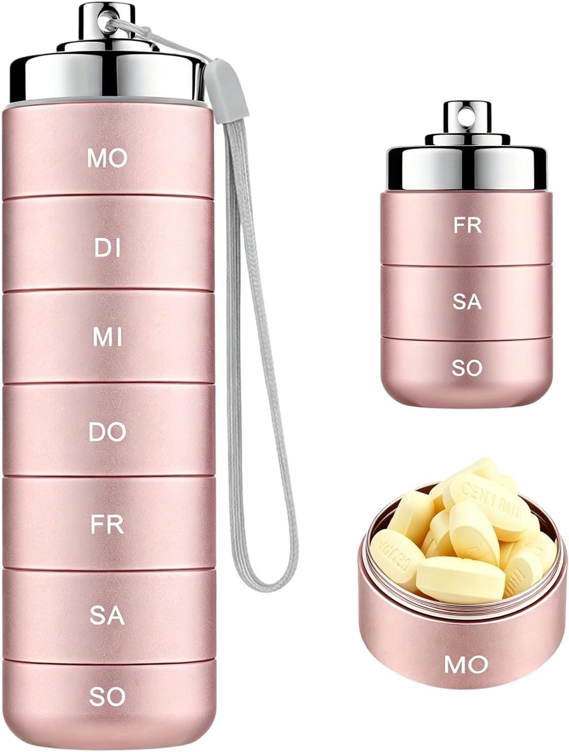 Draagbare pillendoos voor 7 dagen, waterdichte dagpillenorganizer met grote vakken voor vitamines en medicijnen, stapelbaar en ideaal voor onderweg (roze)