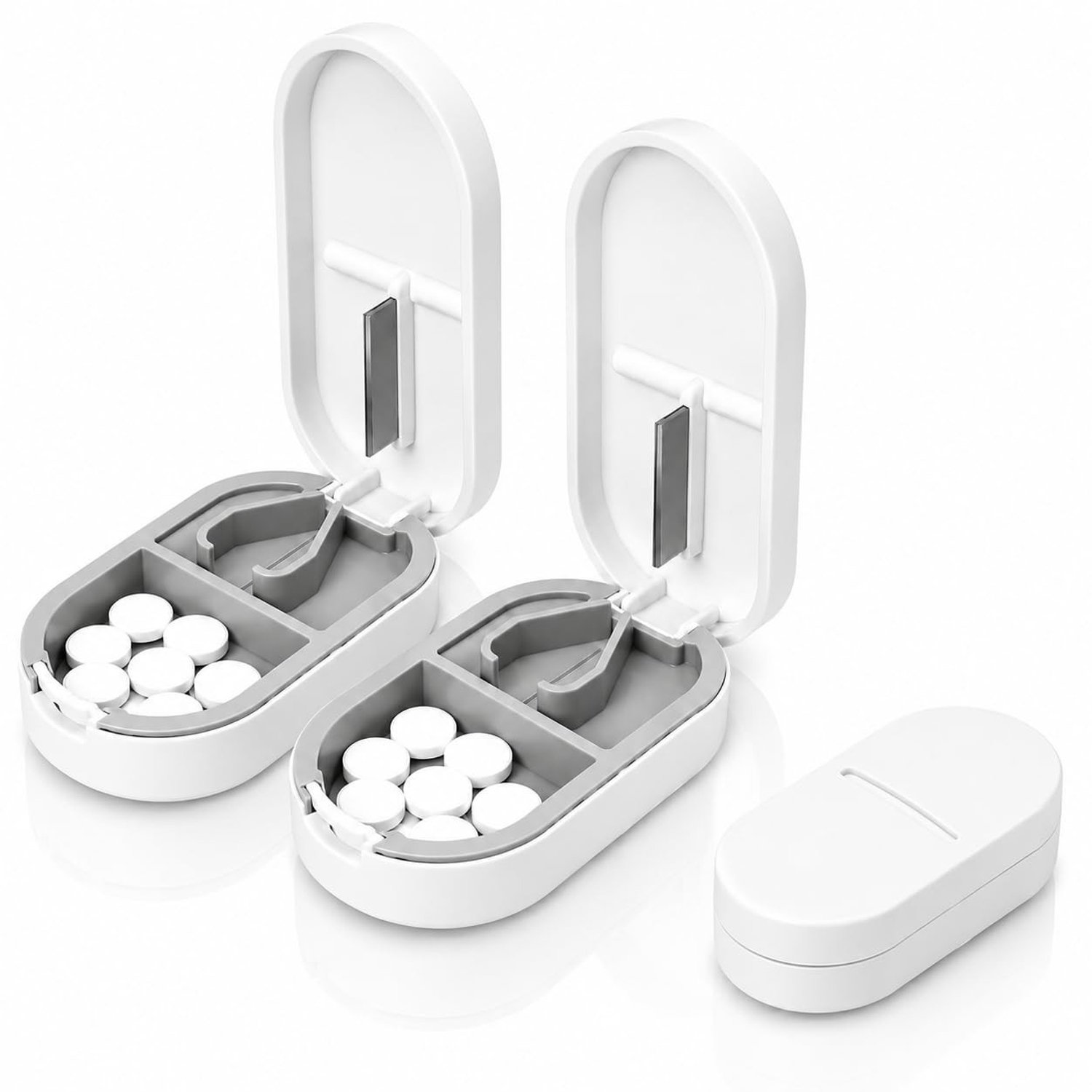 2-in-1 Tablettenverdeler met Opbergcompartiment en RVS Mes, Ideaal voor Kleine en Grote Tabletten, Pill Cutter en Pill Splitter in Wit
