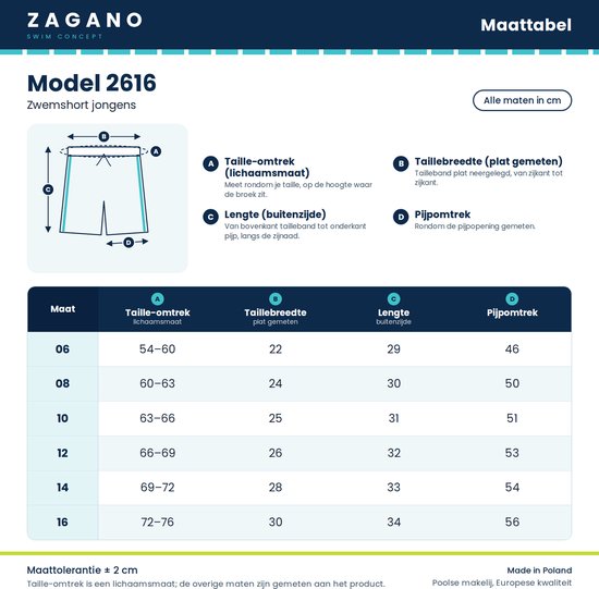 Tableau des tailles pour short de bain garçon Modèle 2616 avec dimensions en cm.