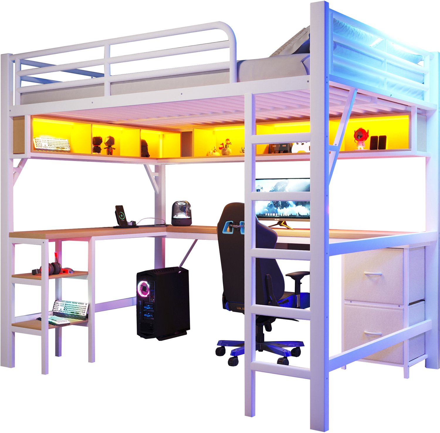 MUVANO Hoogslaper 140x200 met bureau - Metalen hoogslaper met boekenkast - kast, USB en LED-verlichting - wit - met beschermhekken en vaste trap voor kleine kamer