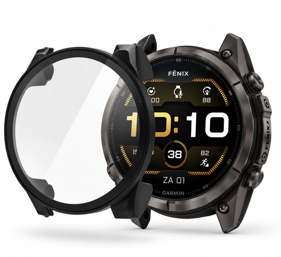 Zwarte hardcase beschermhoes met glazen screenprotector naast een Garmin Fenix smartwatch.