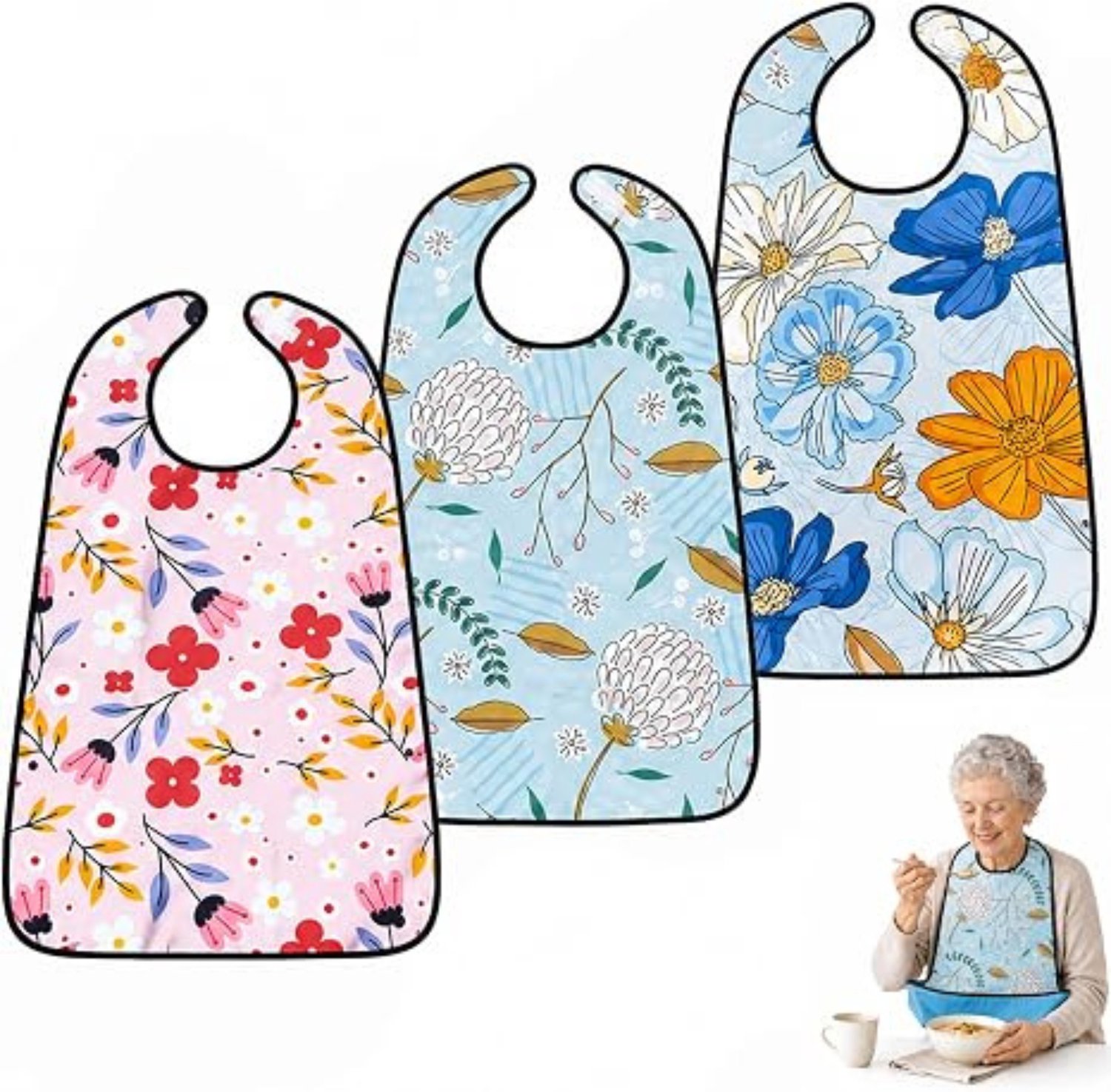 Slabbetjes volwassenen - Kledingbeschermers voor eten - Herbruikbare schorten met opvangvak - Waterafstotend polyester - Klittenbandsluiting om hals - Wasbare bloemenmotieven - Roze blauw groen - 3 stuks