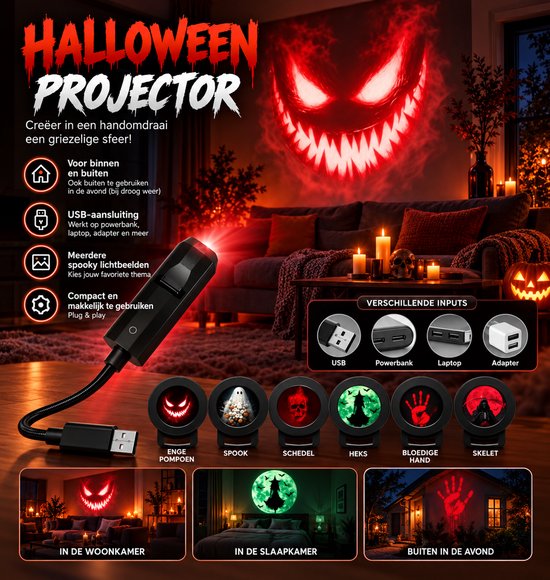 Zwarte Halloween-projector die griezelige figuren zoals pompoenen en schedels op muren projecteert via USB-aansluiting.
