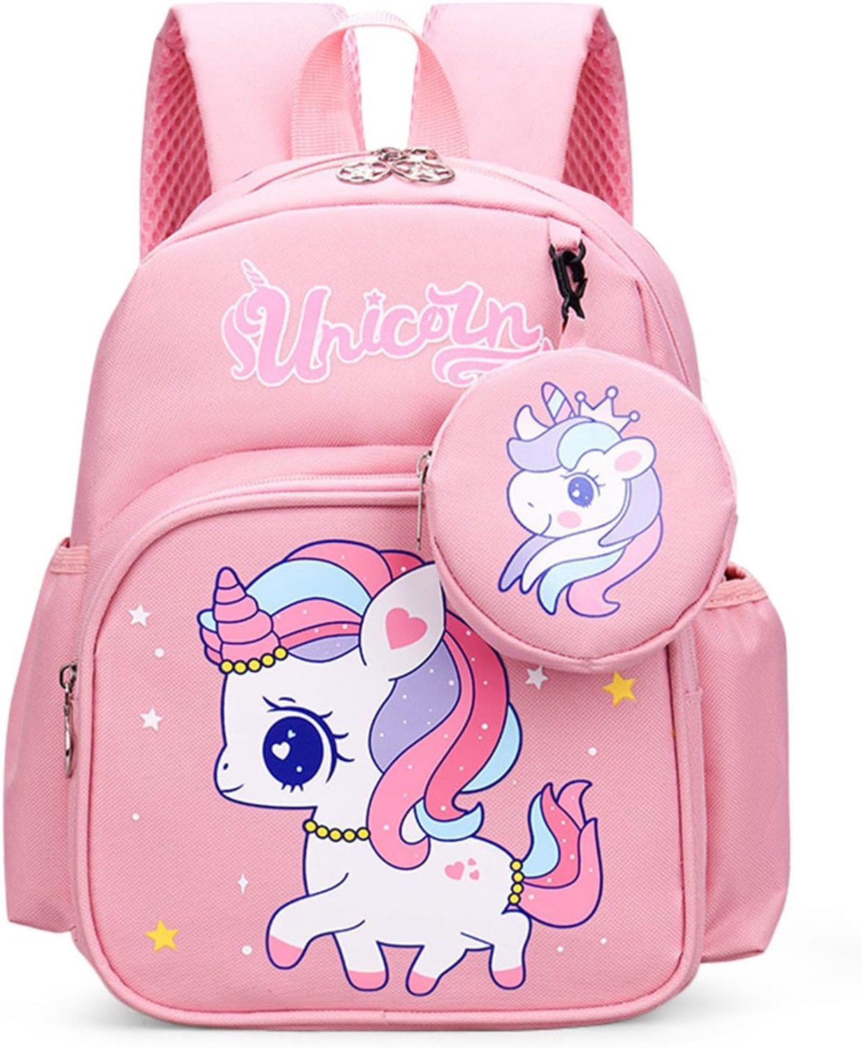 Kinderrugzak voor kleuterschool met eenhoorn - Peuterrugzak met unicorn - Schooltas voor jonge kinderen - Oxford stof met ritsvakken - Afneembare portemonnee - Roze - 30 x 14 x 23 cm