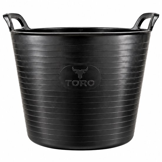 Zwarte 40L TORO kuip met ribbelpatroon en twee handvatten, gemaakt van gerecycled plastic.