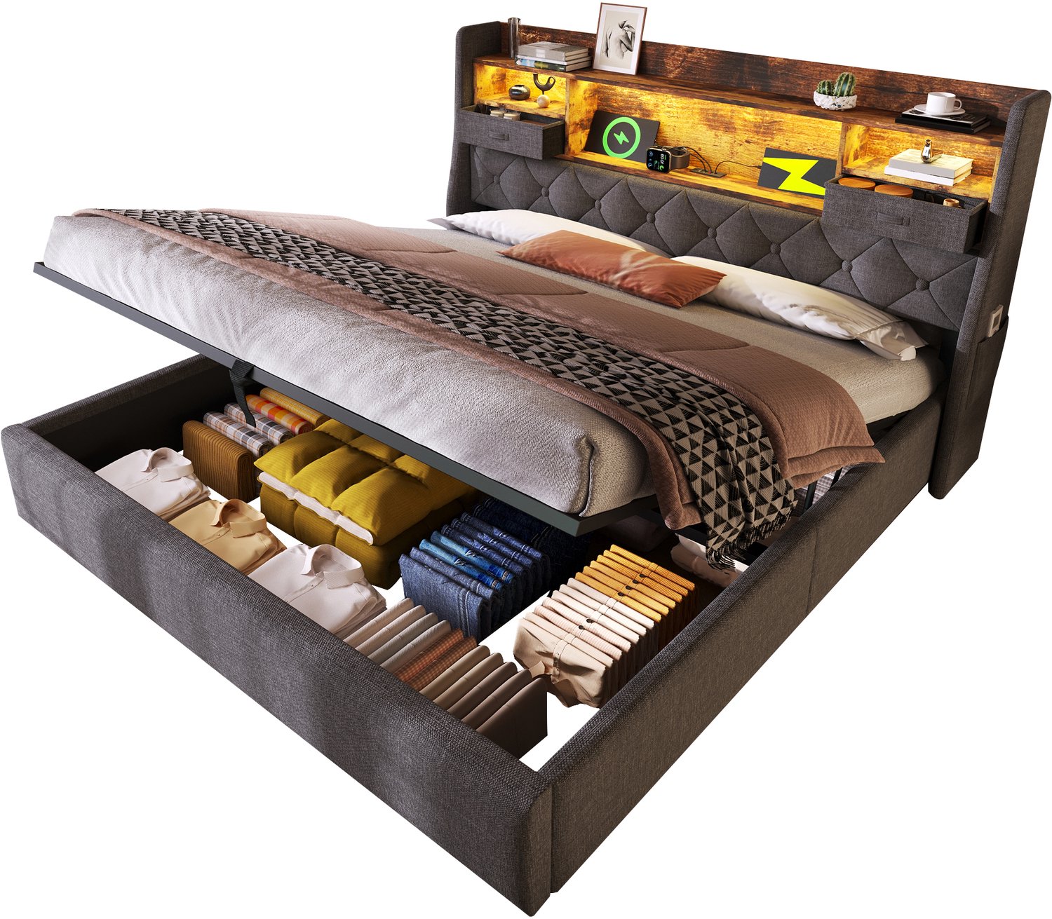 Opbergbed 140x200 cm - Gestoffeerd Bed Met Hydraulische Opbergruimte - Hoofdbord Met LED En USB-C - Inclusief Lattenbodem - Grijs Linnen