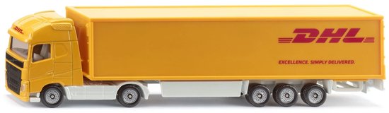 Gele Volvo DHL-vrachtwagen met wit chassis, schaal 1:87, zijaanzicht.