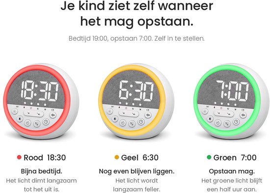 Drie fasen slaaptrainer: rood licht voor bedtijd, geel voor nog even liggen, en groen voor opstaan.