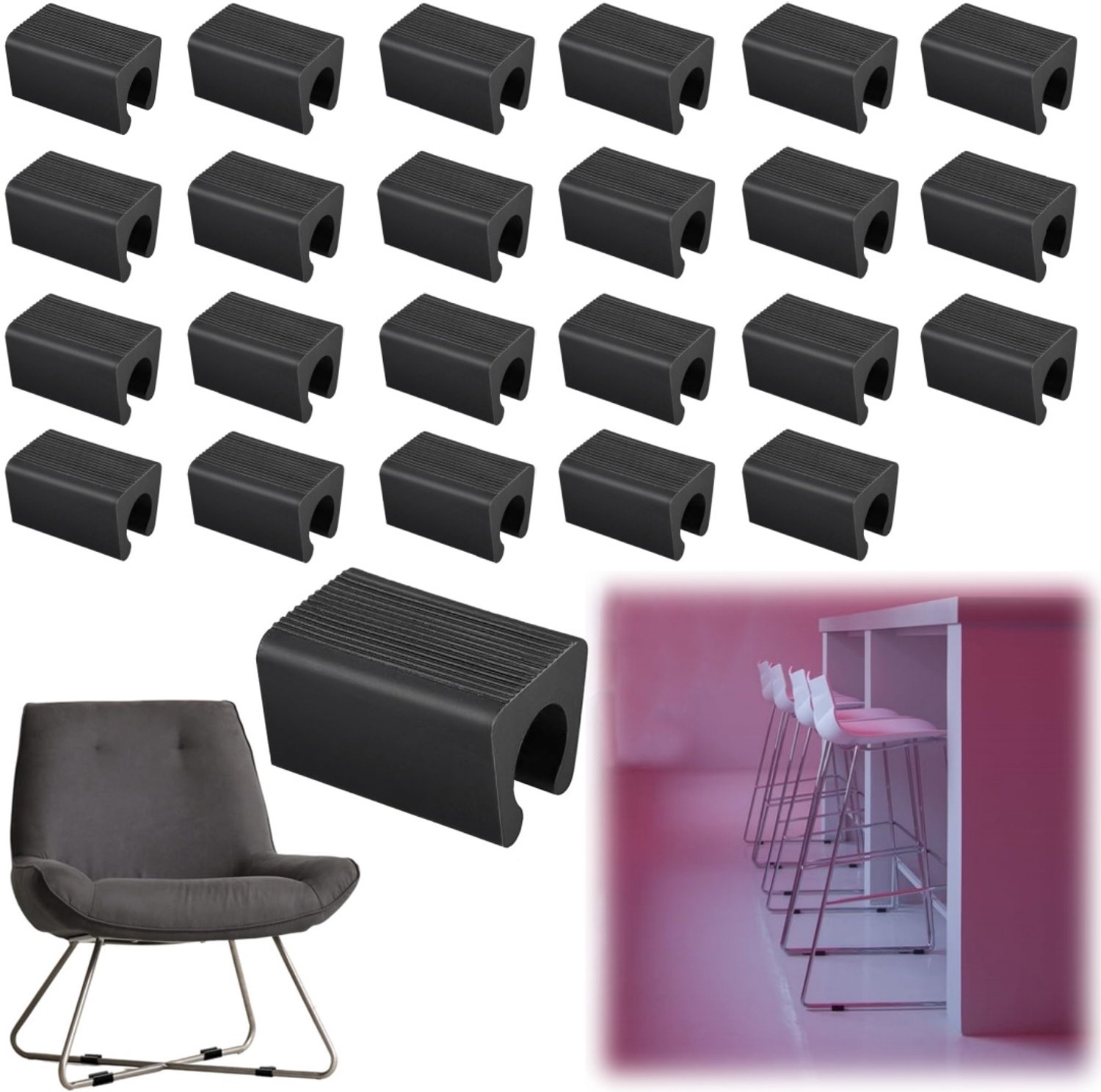 24 stuks stoelpootbeschermers - Antislipmatten voor stoelpoten - Rechthoekige opening voetbeschermers - U-vormige beschermhoezen voor stoelpoten - Elastische opening - Voor stoelen met stalen buizen, barkrukken, trolleys (28*19,1 mm - Zwart)